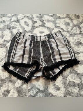 Women’s Small Boho Festival Shorts Striped Neutral Fringe Rayon Linen Tan Black